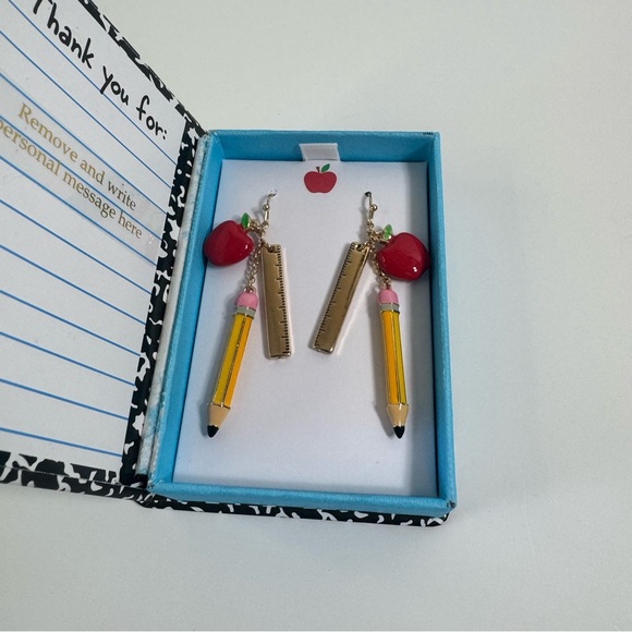 Betsey Johnson Back to School NotebkGold Tone Ruler Pencil W/Apple Earrings NIB - Picture 15 of 15
